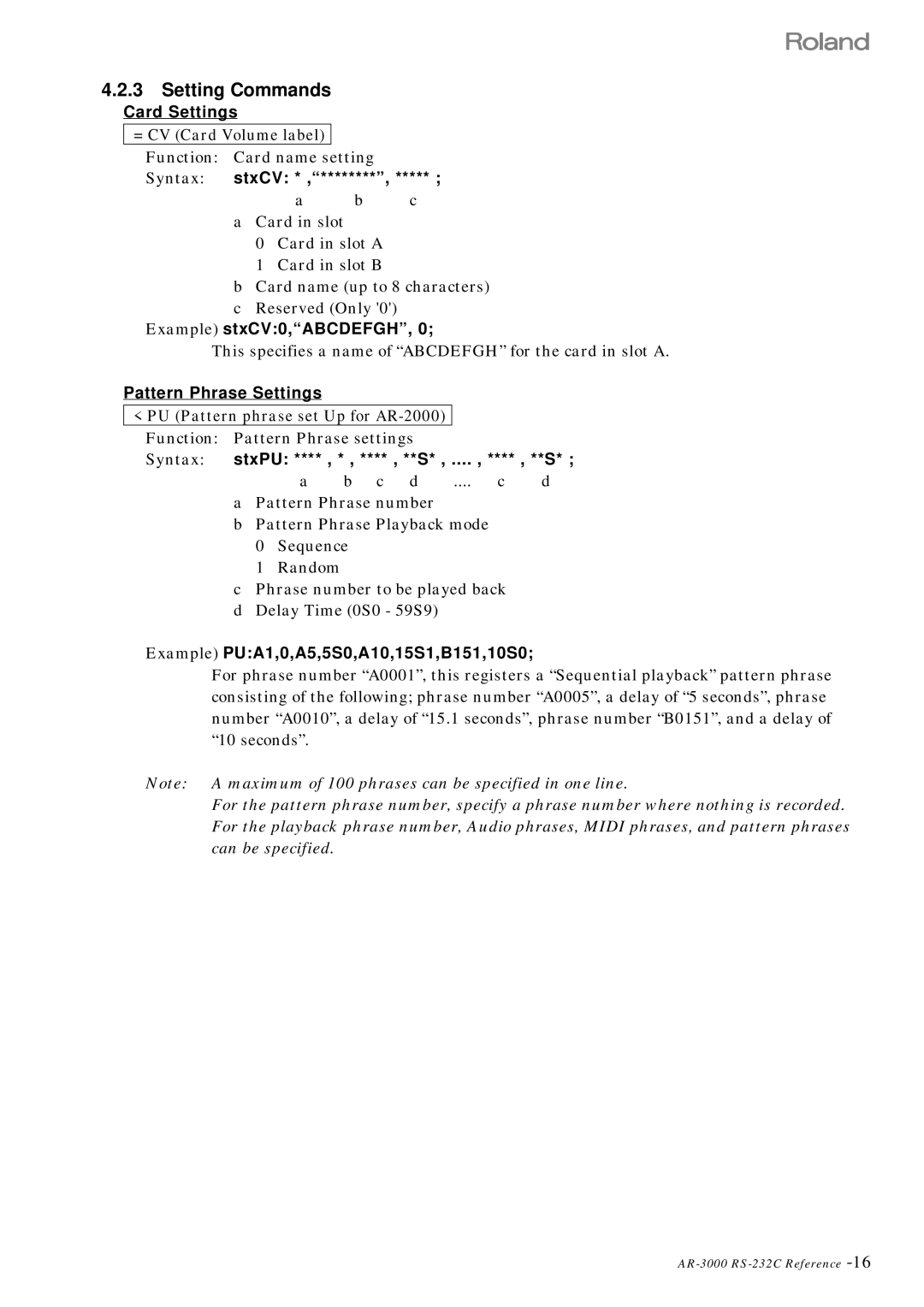 Roland RS 232C manual Setting Commands, Example stxCV0,ABCDEFGH, Pattern Phrase Settings 