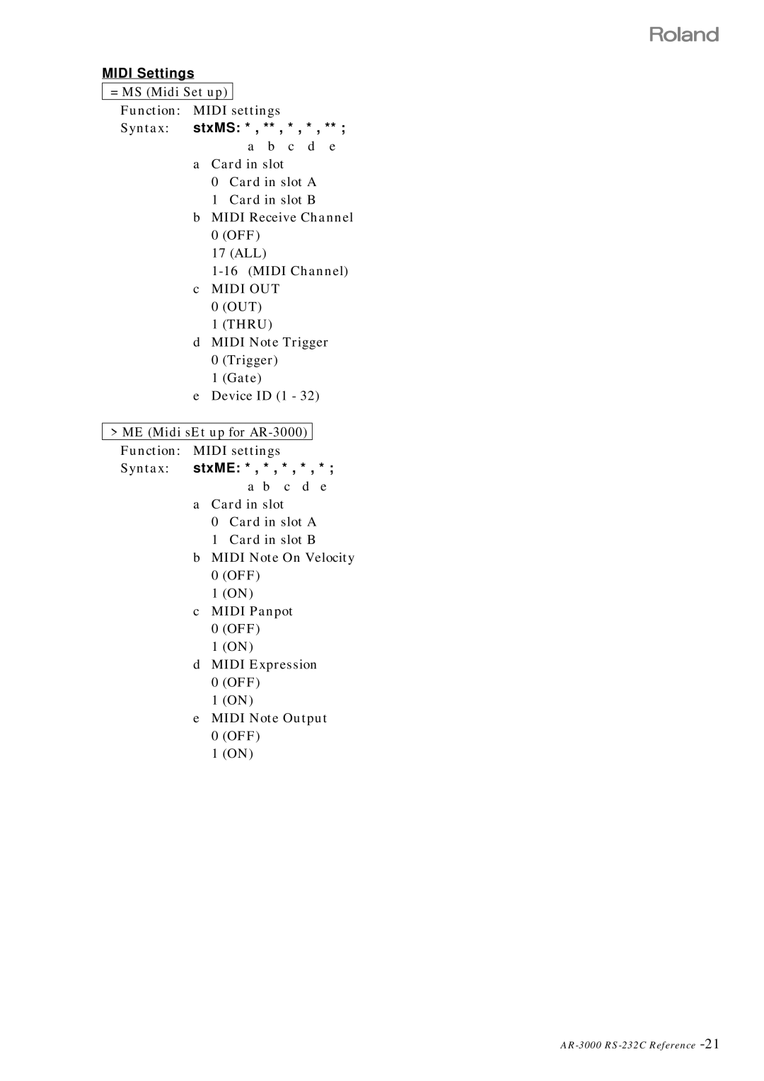 Roland RS 232C manual Midi Settings, = MS Midi Set up Function Midi settings, Syntax stxMS 