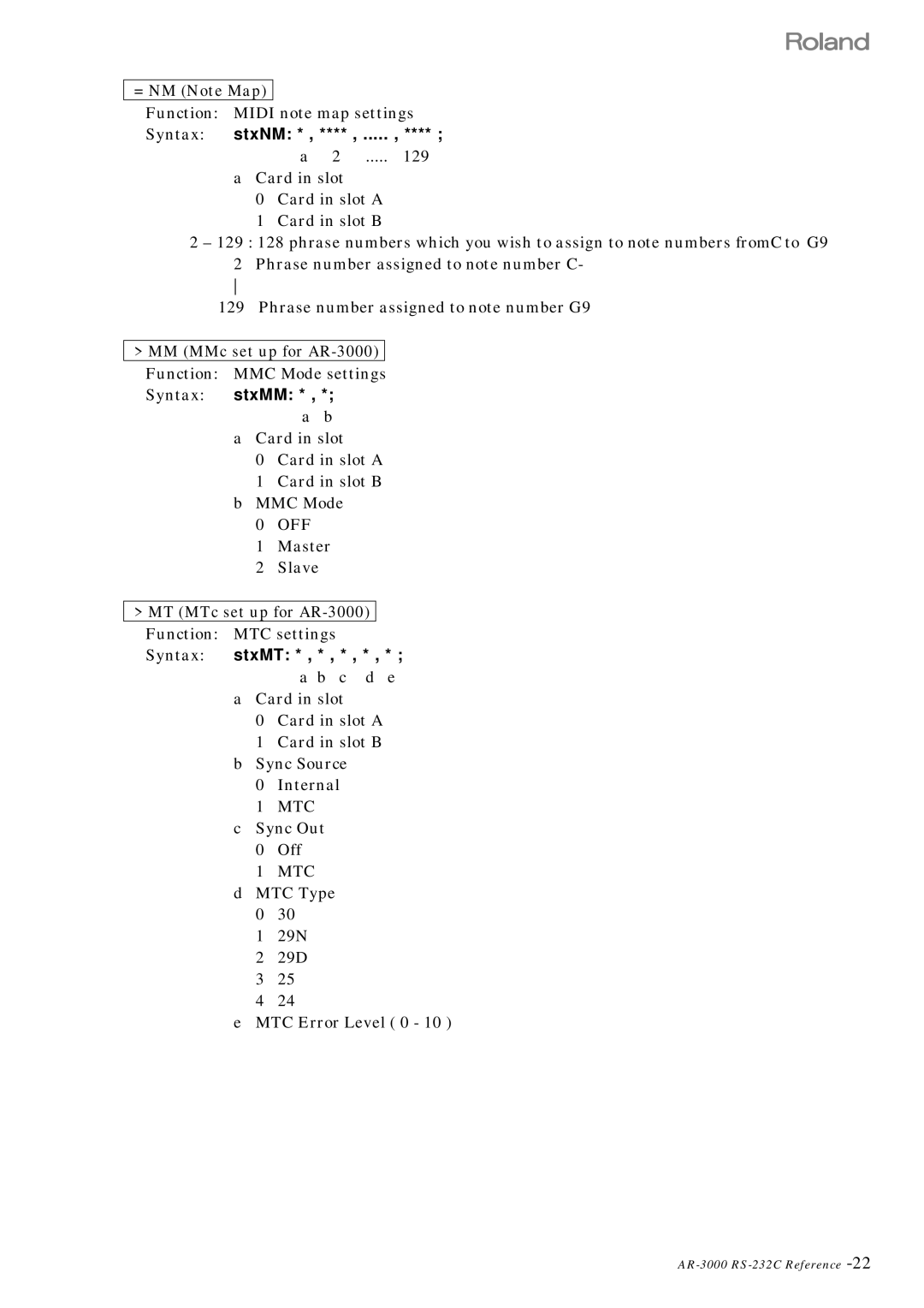 Roland RS 232C manual = NM Note Map, Syntax stxNM, MM MMc set up for AR-3000, Syntax stxMM 