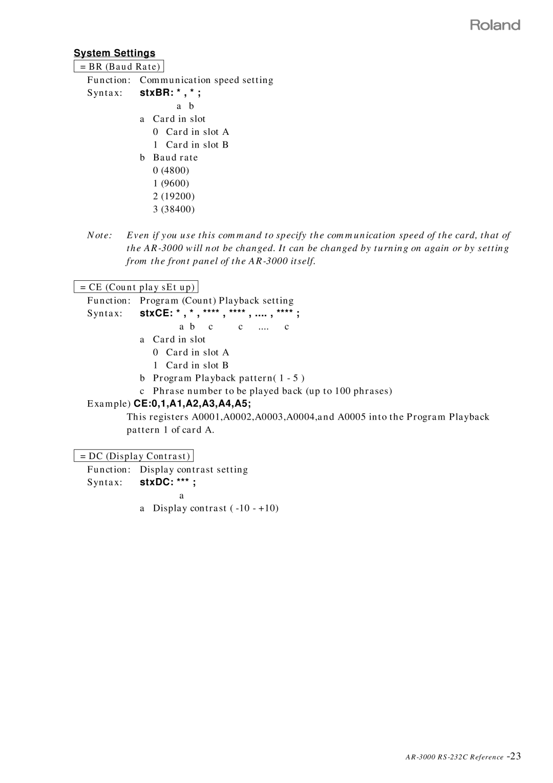 Roland RS 232C manual = BR Baud Rate, = DC Display Contrast 