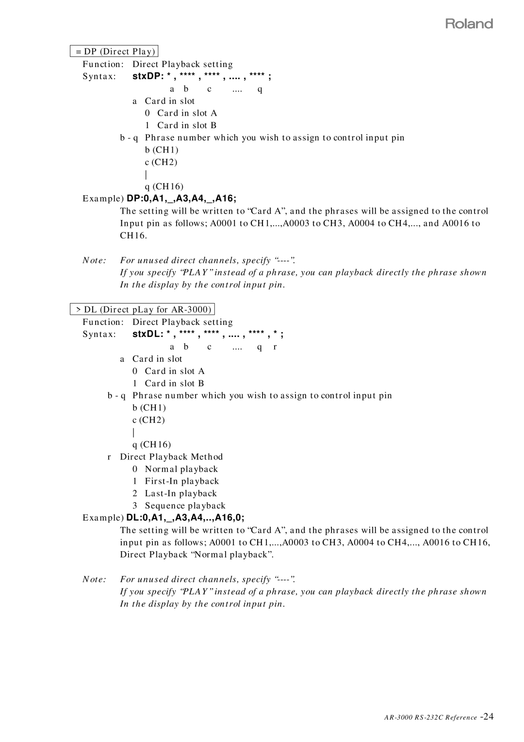 Roland RS 232C manual StxDP, Example DP0,A1,,A3,A4,,A16, DL Direct pLay for AR-3000 Function Direct Playback setting 