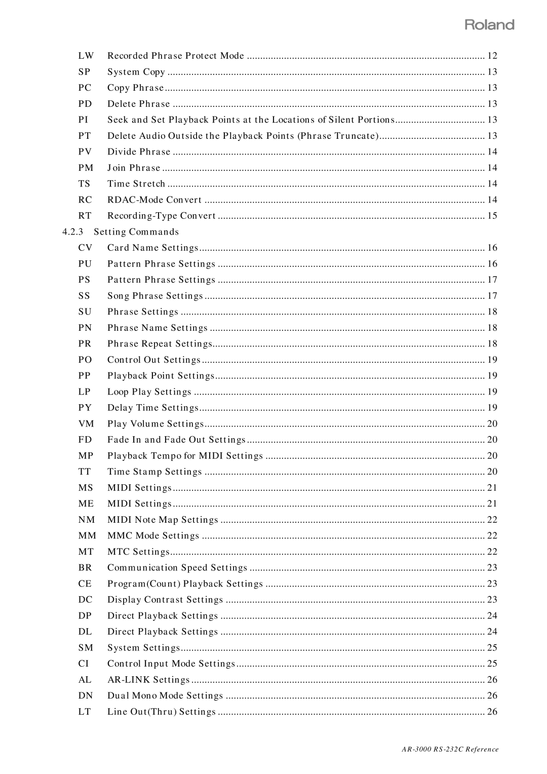 Roland RS 232C manual Setting Commands 