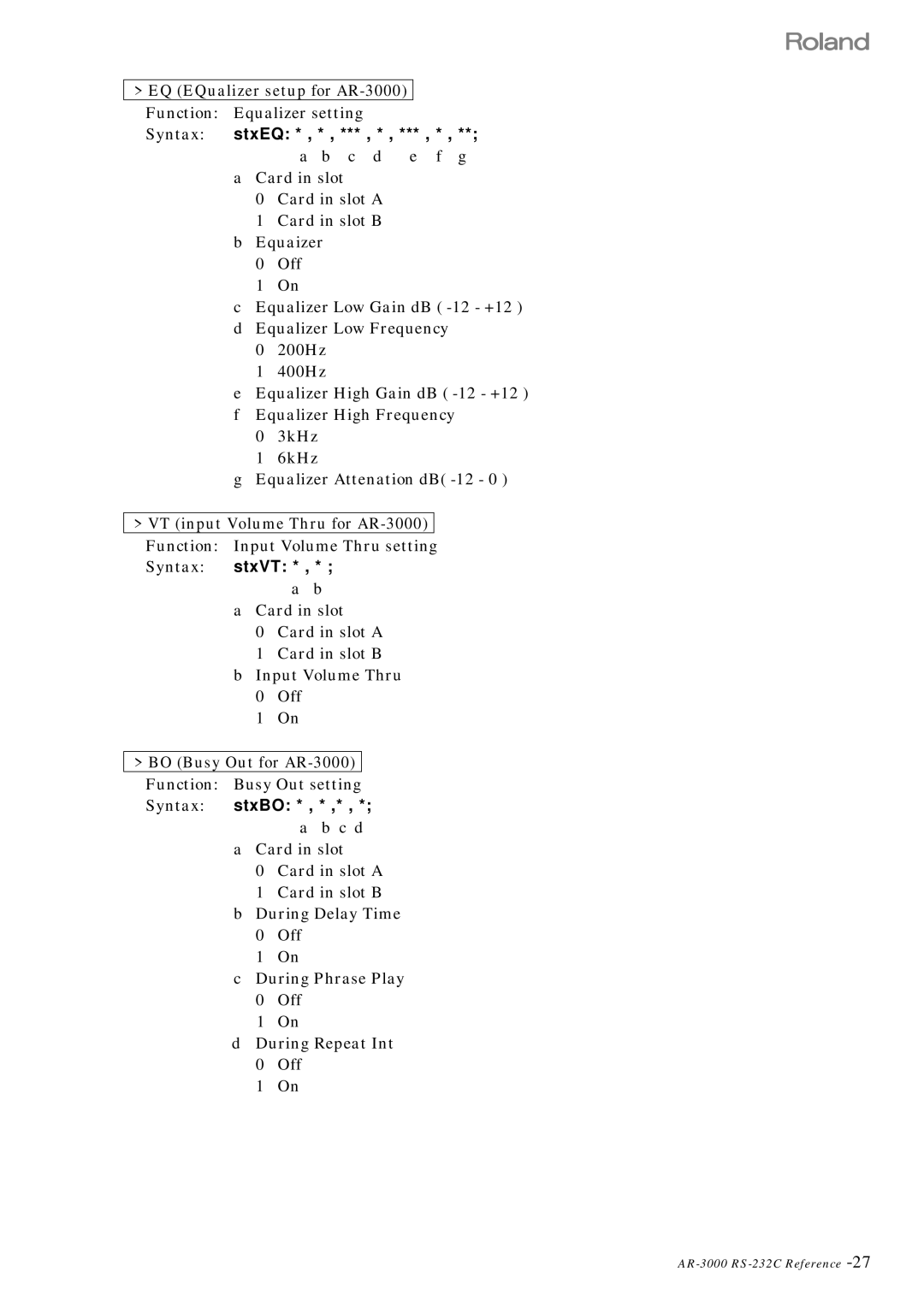 Roland RS 232C manual Syntax stxEQ, StxBO 