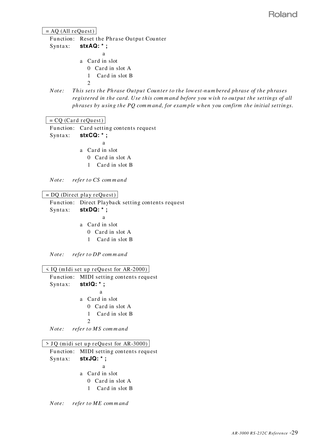 Roland RS 232C manual = AQ All reQuest, = CQ Card reQuest, = DQ Direct play reQuest 