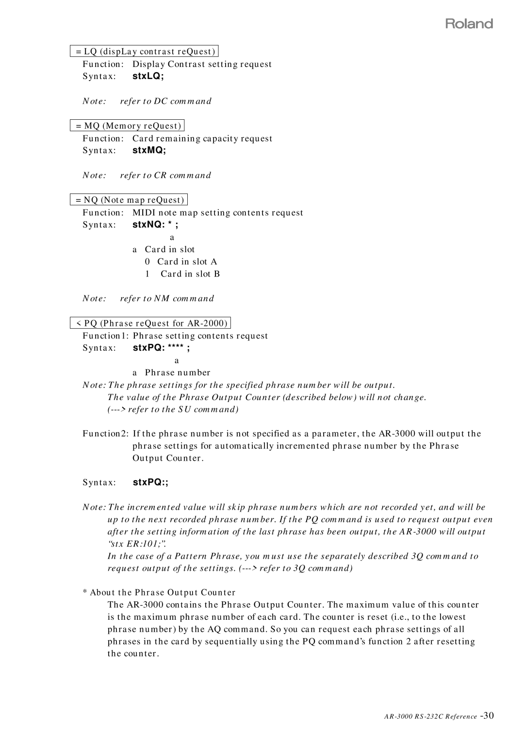 Roland RS 232C manual = LQ dispLay contrast reQuest, = MQ Memory reQuest, = NQ Note map reQuest, Syntax stxNQ * a 