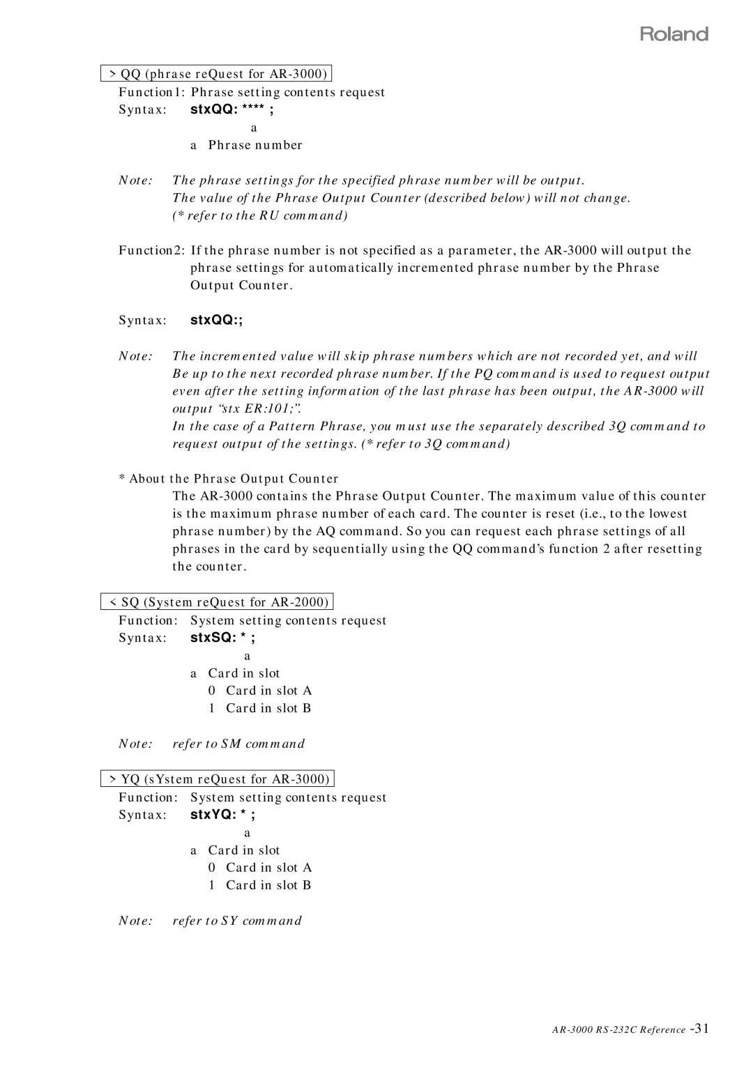 Roland RS 232C manual YQ sYstem reQuest for AR-3000, Syntax stxYQ 