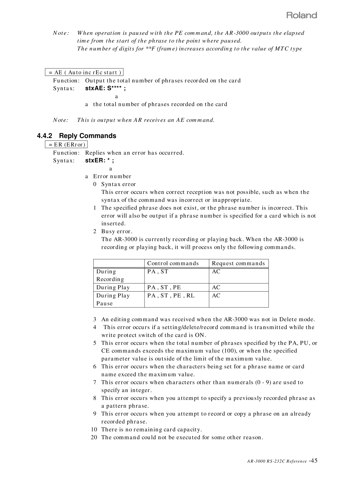 Roland RS 232C manual = AE Auto inc rEc start, Syntax stxAE S**** a, Syntax stxER * a 