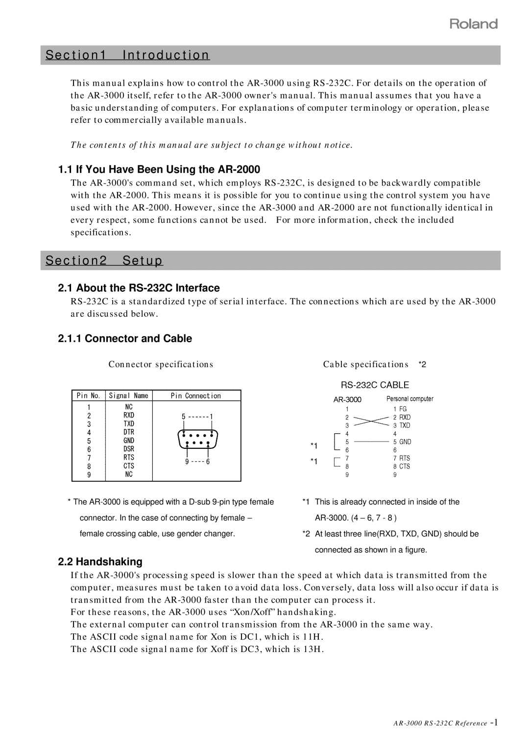 Roland RS 232C manual If You Have Been Using the AR-2000, About the RS-232C Interface, Connector and Cable, Handshaking 