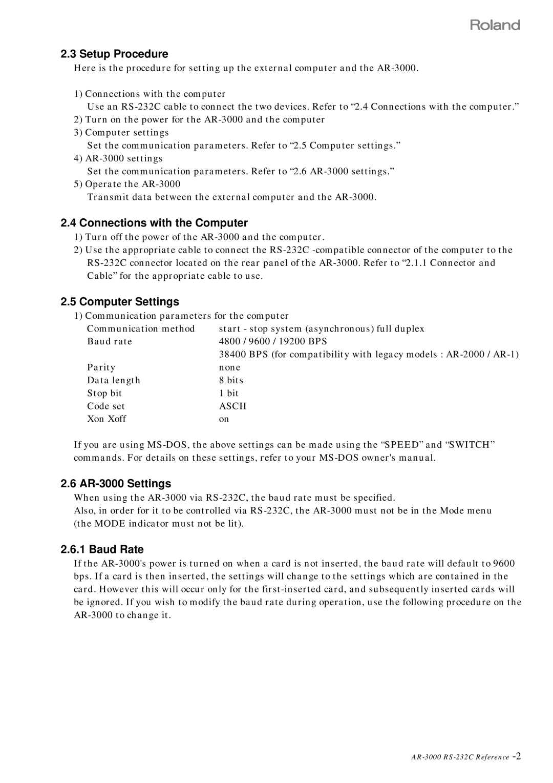 Roland RS 232C manual Setup Procedure, Connections with the Computer, Computer Settings, AR-3000 Settings, Baud Rate 