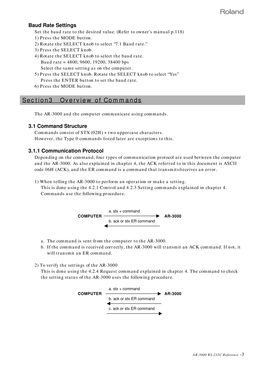 Roland RS 232C manual Baud Rate Settings, Command Structure, Communication Protocol 