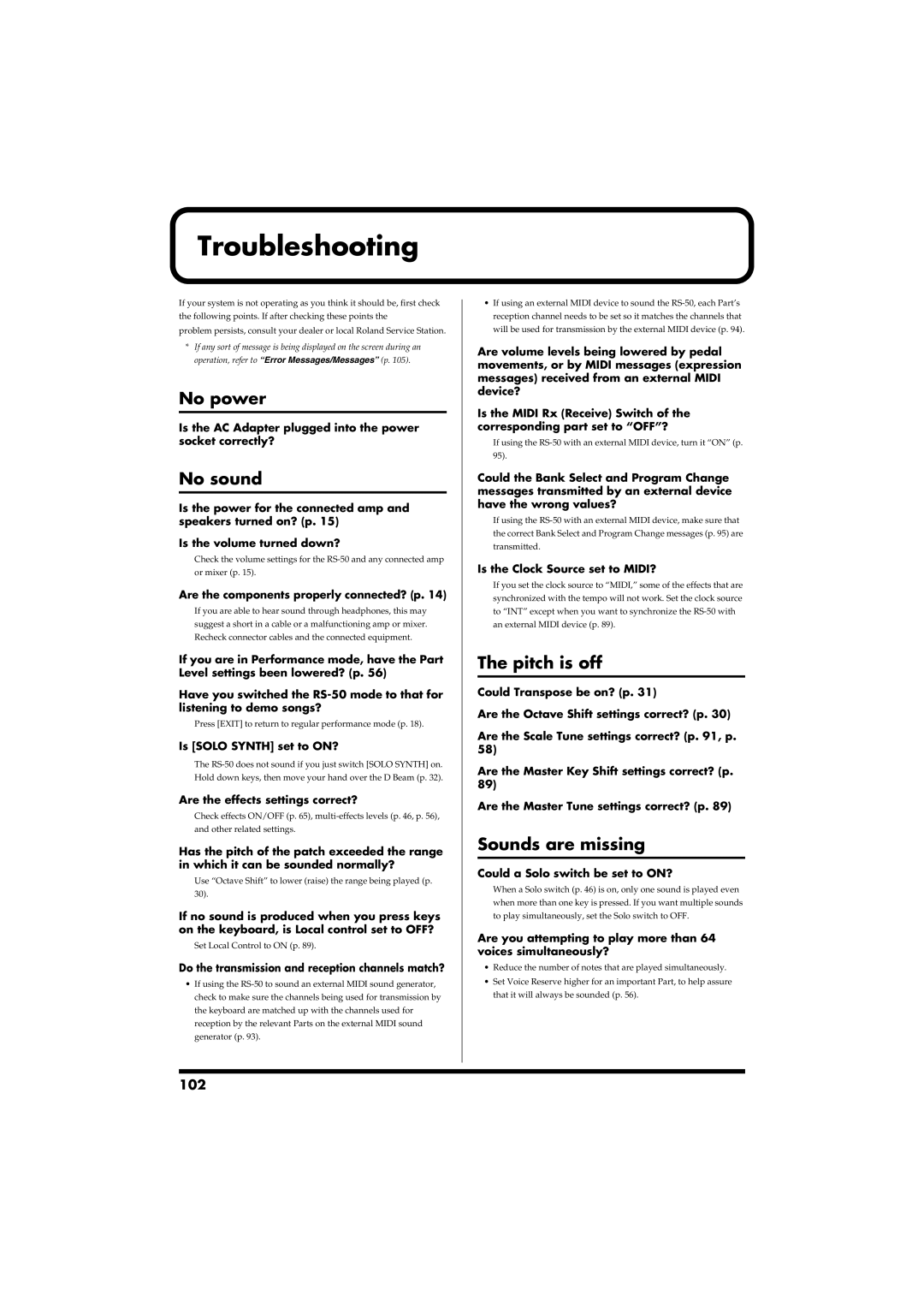 Roland RS-50 owner manual Troubleshooting, No power, No sound, Pitch is off, Sounds are missing 