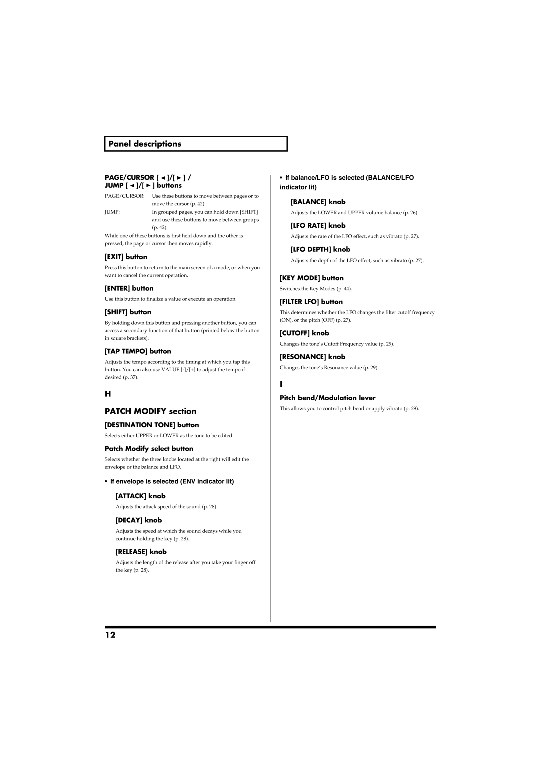 Roland RS-50 owner manual Patch Modify section 