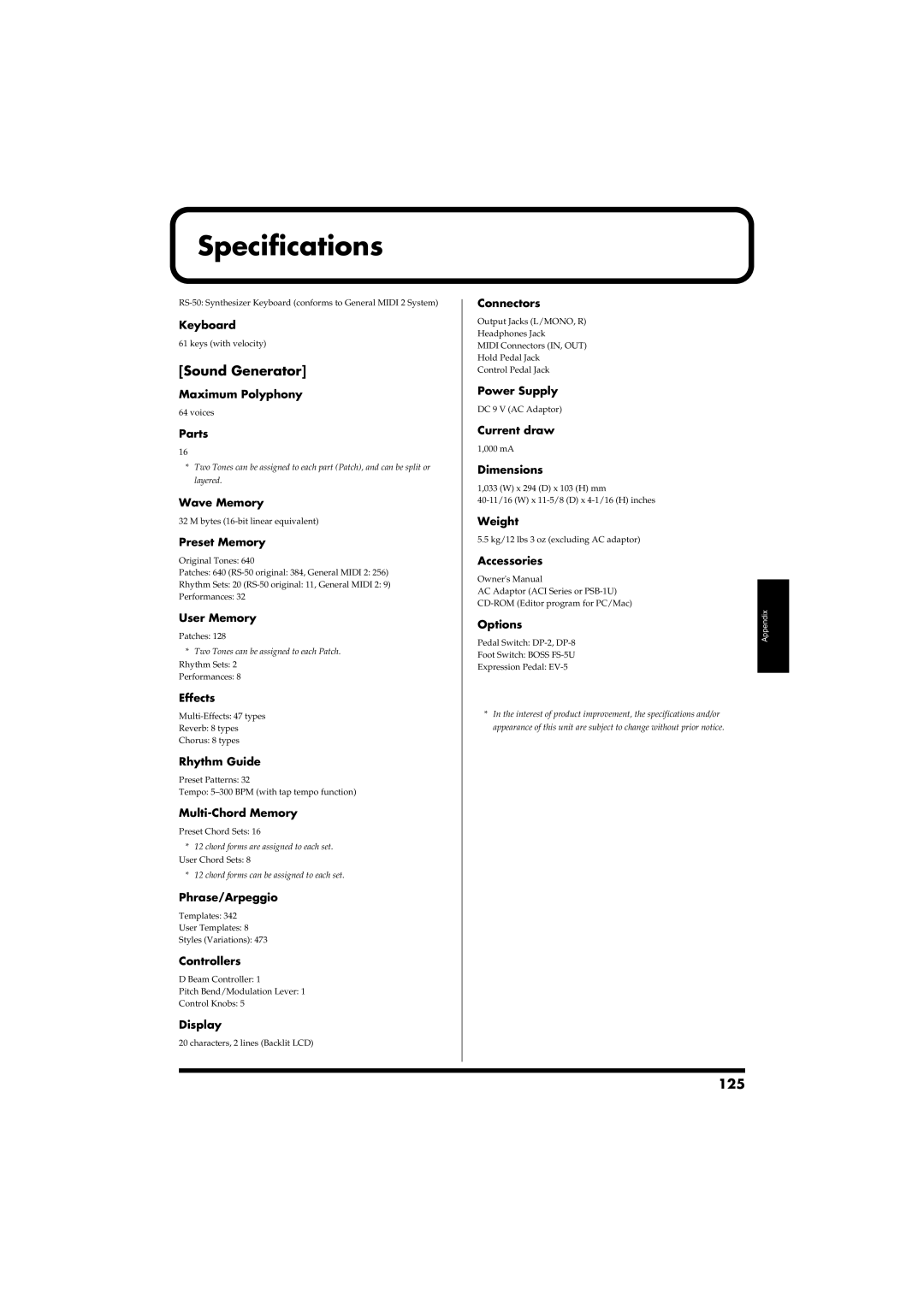 Roland RS-50 owner manual Specifications, Sound Generator, 125 