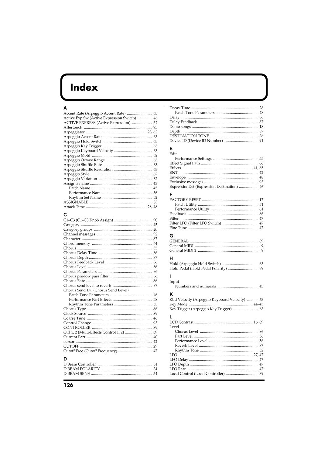 Roland RS-50 owner manual Index, 126 