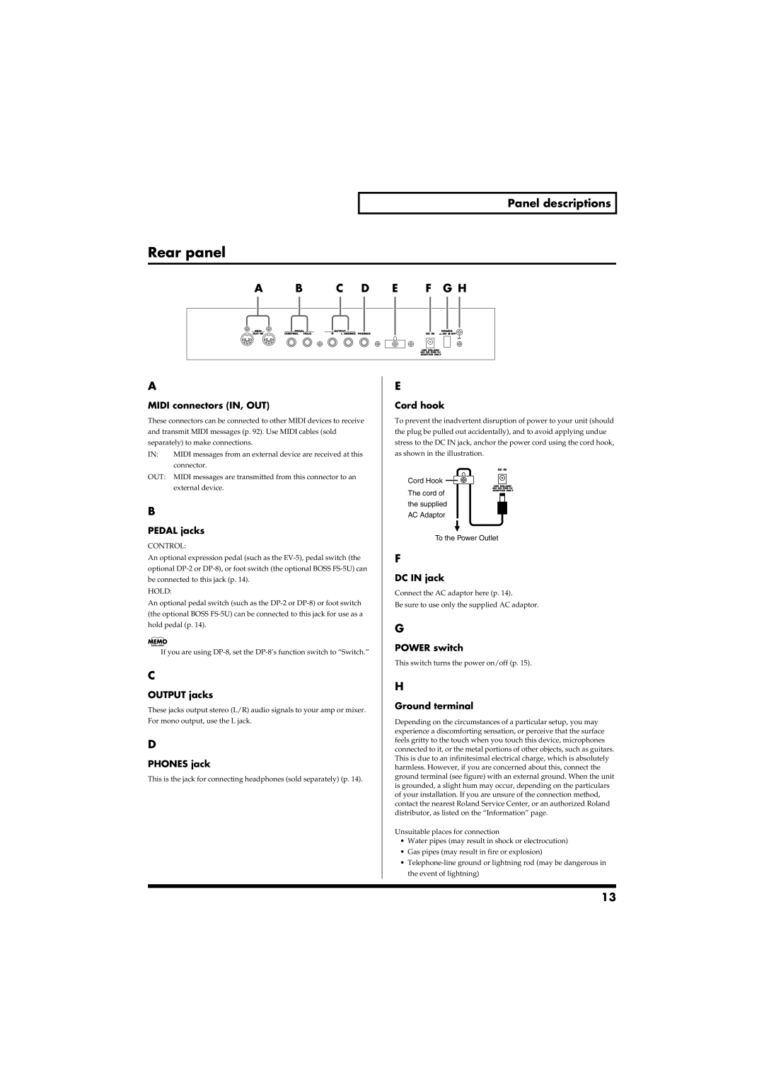 Roland RS-50 owner manual Rear panel 