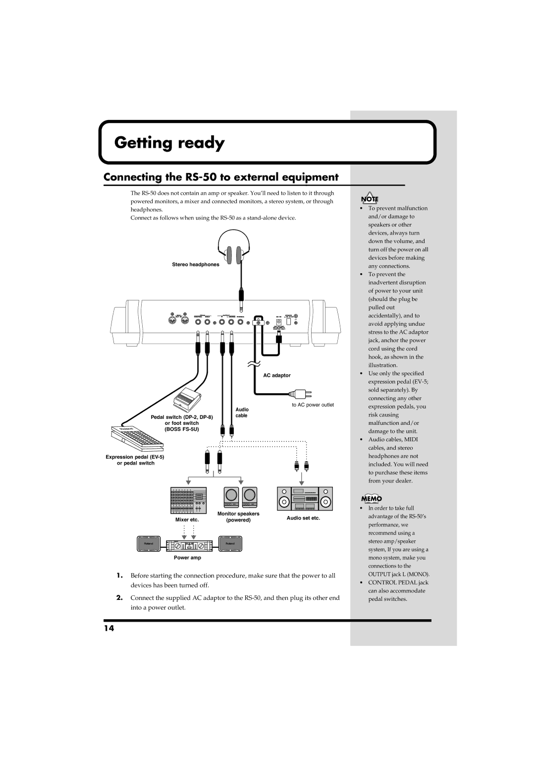 Roland owner manual Getting ready, Connecting the RS-50 to external equipment 