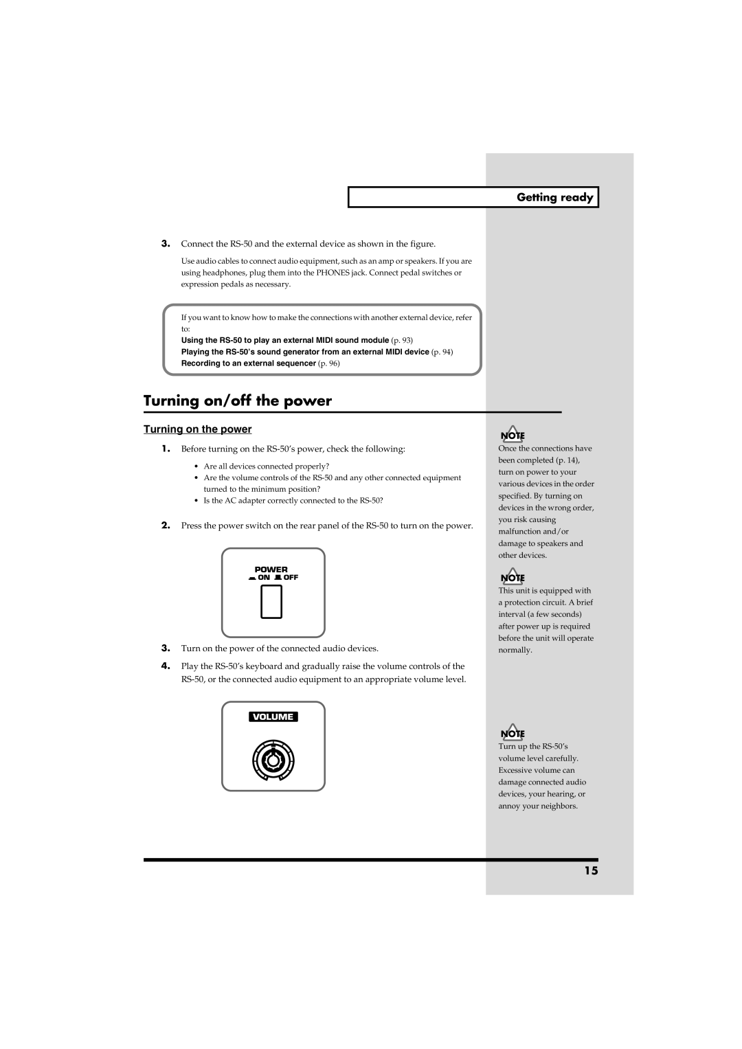 Roland RS-50 owner manual Turning on/off the power, Getting ready 