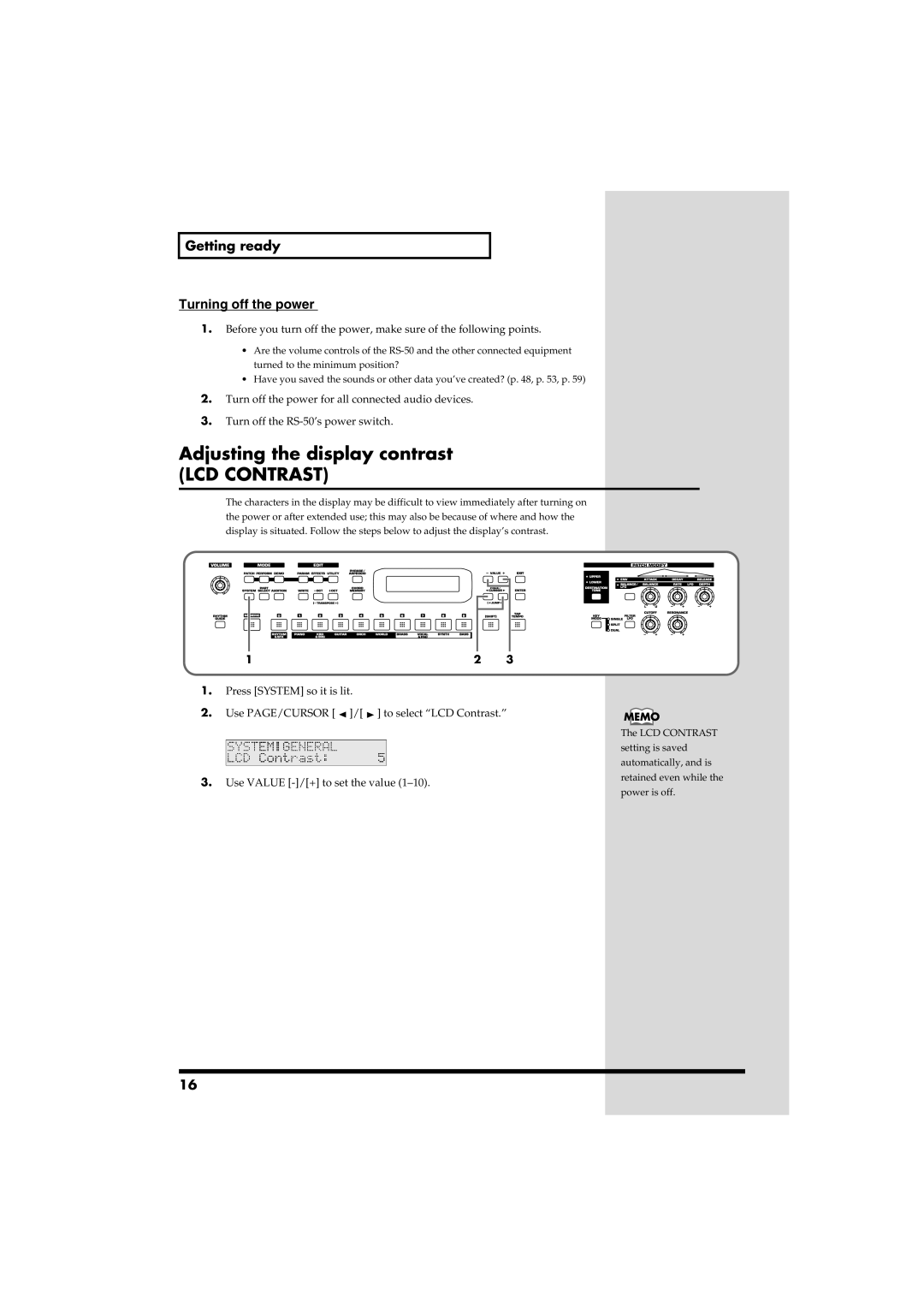 Roland RS-50 owner manual Adjusting the display contrast, Getting ready Turning off the power 