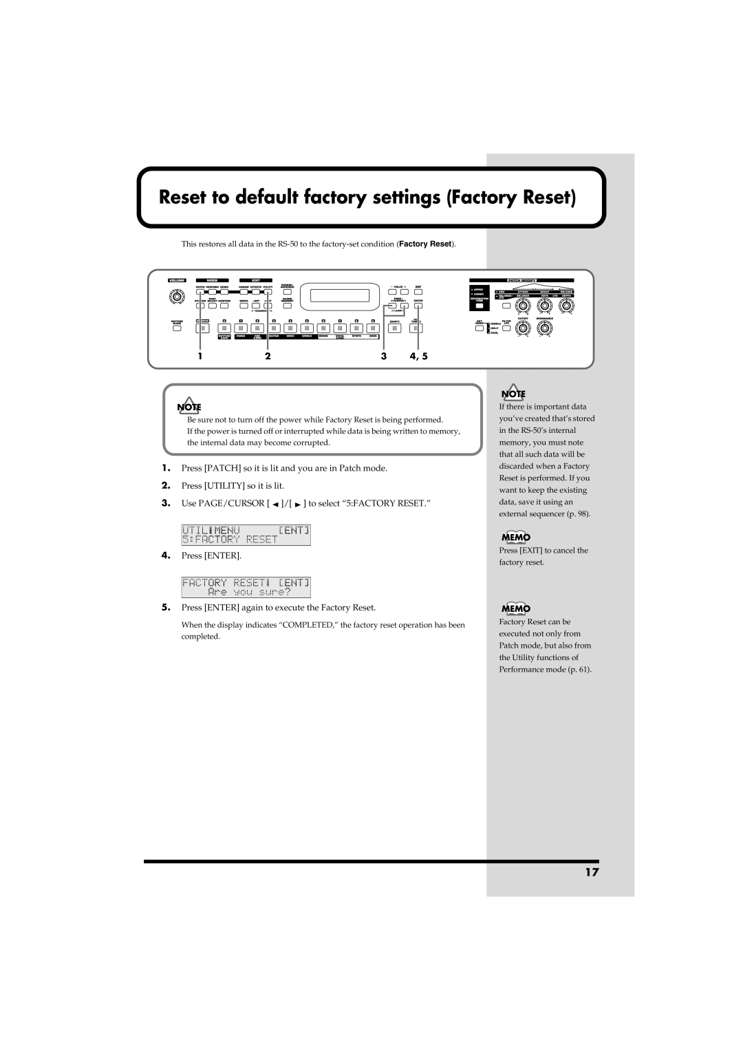 Roland RS-50 owner manual Reset to default factory settings Factory Reset 