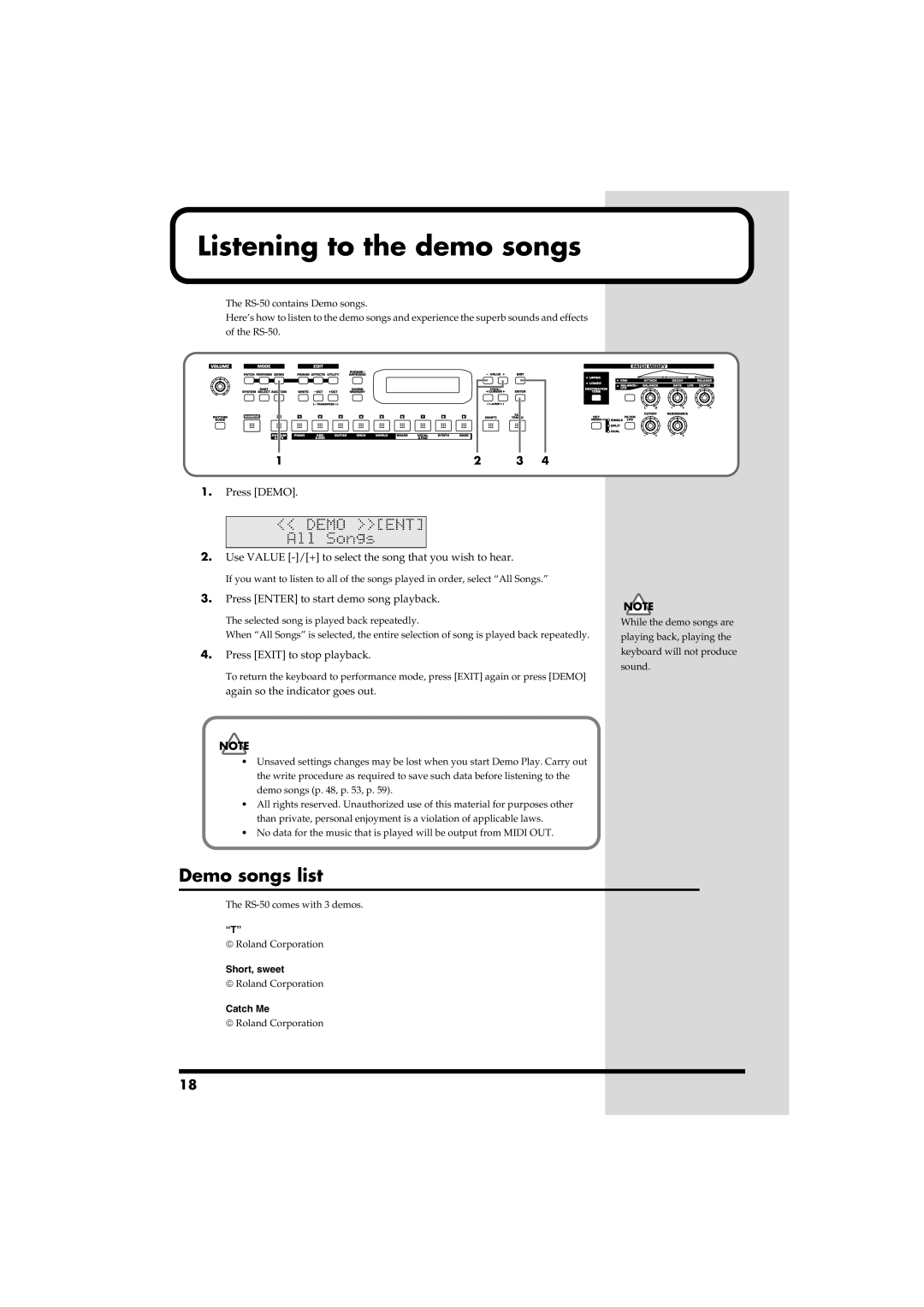 Roland RS-50 owner manual Listening to the demo songs, Demo songs list 