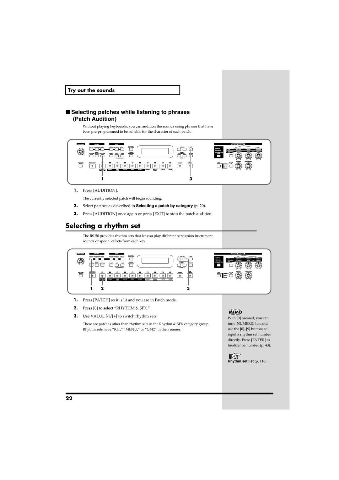 Roland RS-50 owner manual Selecting a rhythm set, Selecting patches while listening to phrases Patch Audition 