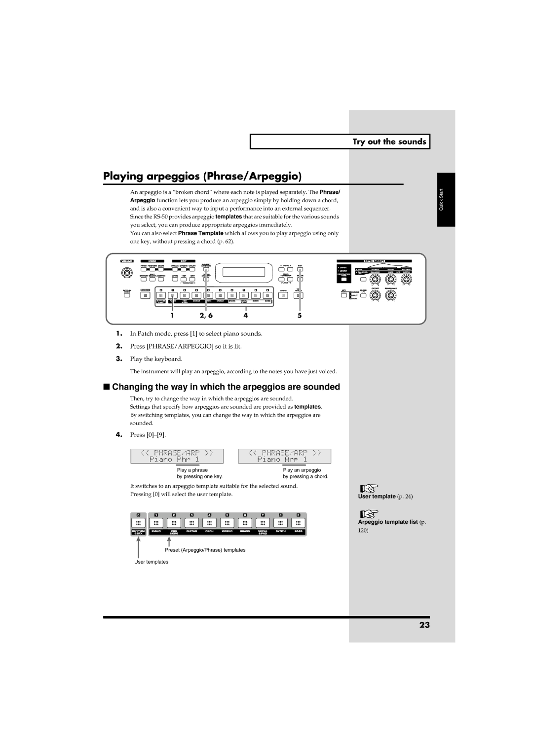 Roland RS-50 owner manual Playing arpeggios Phrase/Arpeggio, Changing the way in which the arpeggios are sounded 