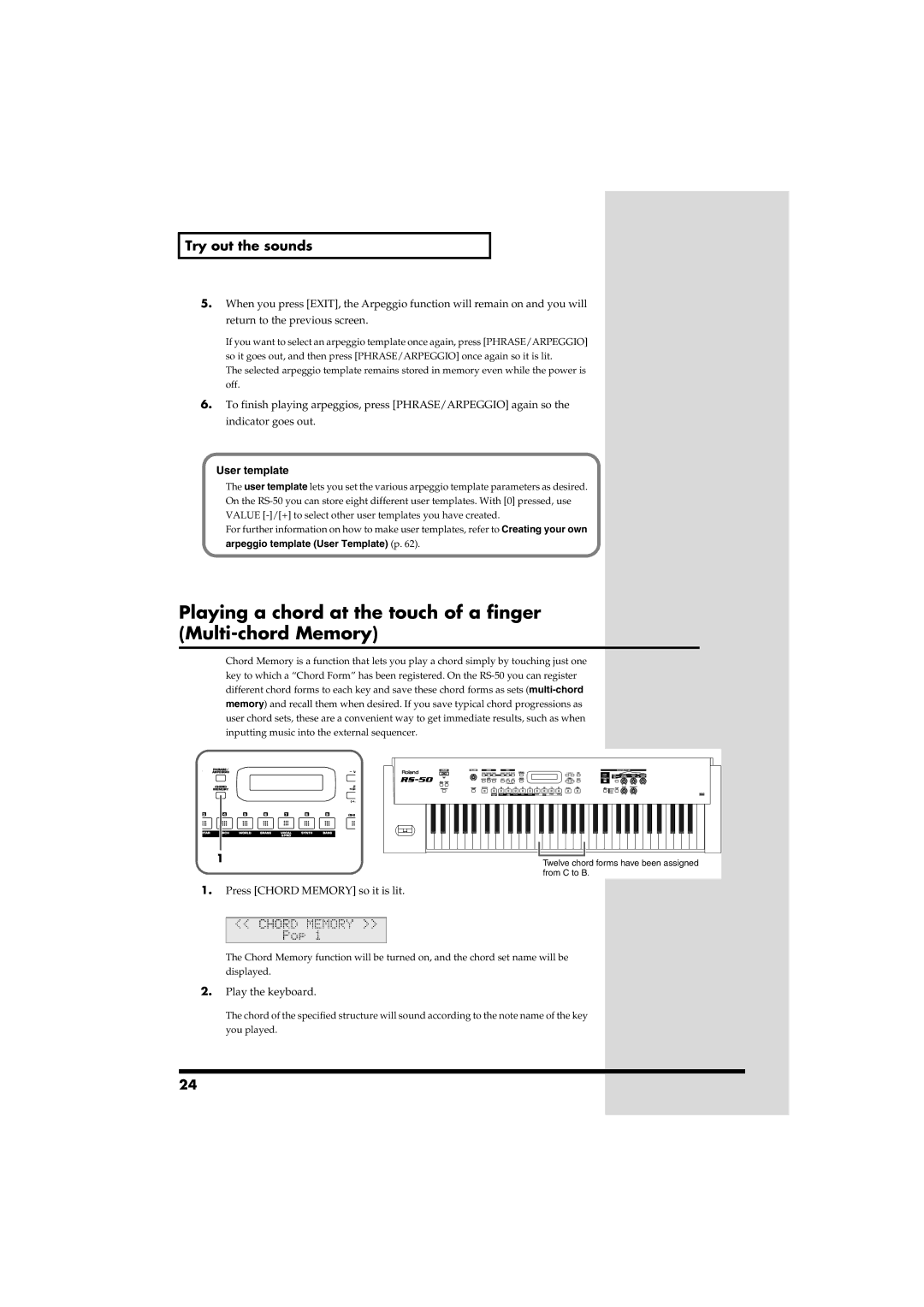 Roland RS-50 owner manual Playing a chord at the touch of a finger Multi-chord Memory, User template 