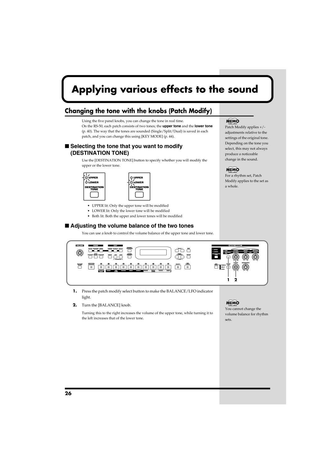 Roland RS-50 owner manual Applying various effects to the sound, Changing the tone with the knobs Patch Modify 