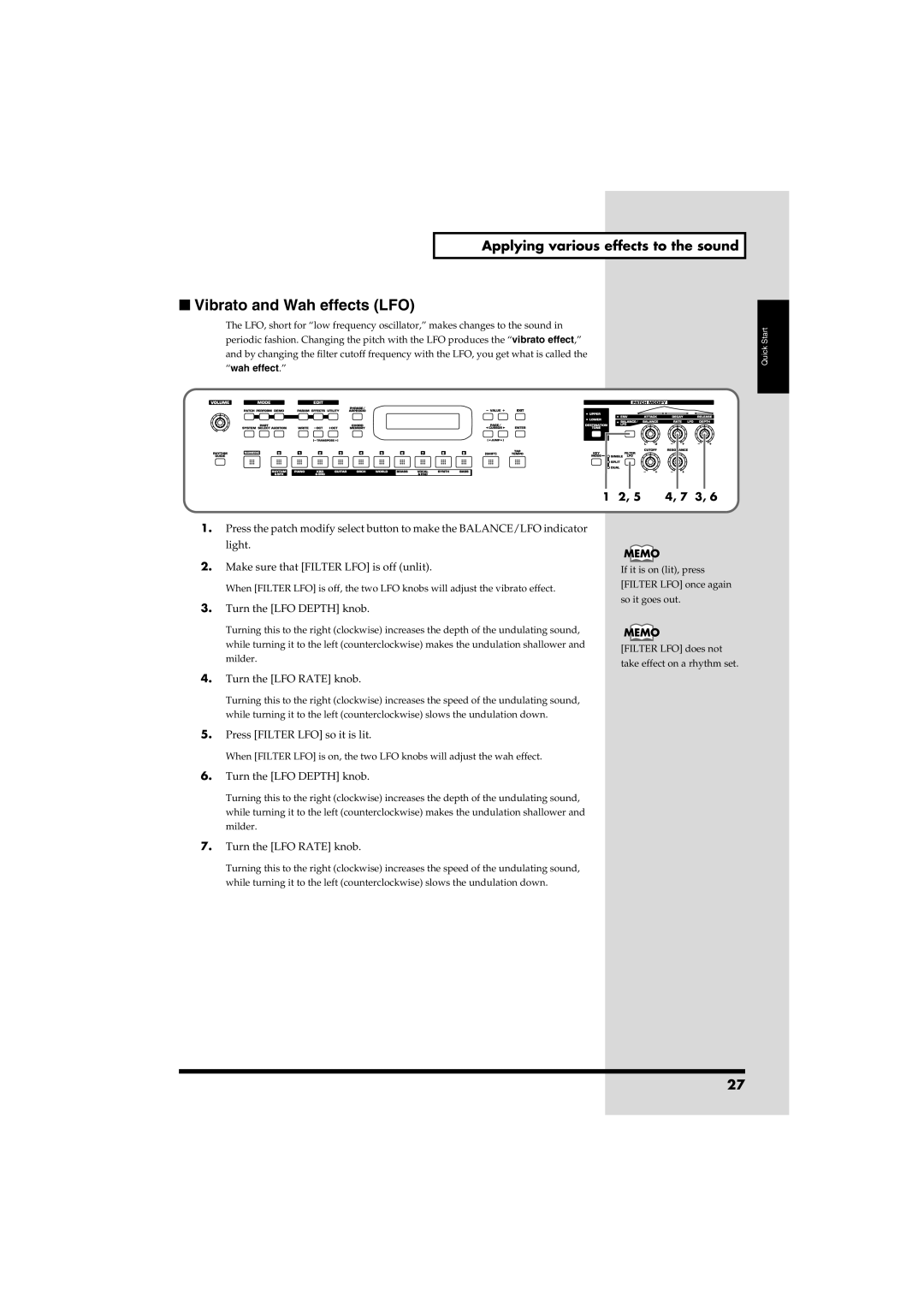 Roland RS-50 owner manual Vibrato and Wah effects LFO, Applying various effects to the sound 