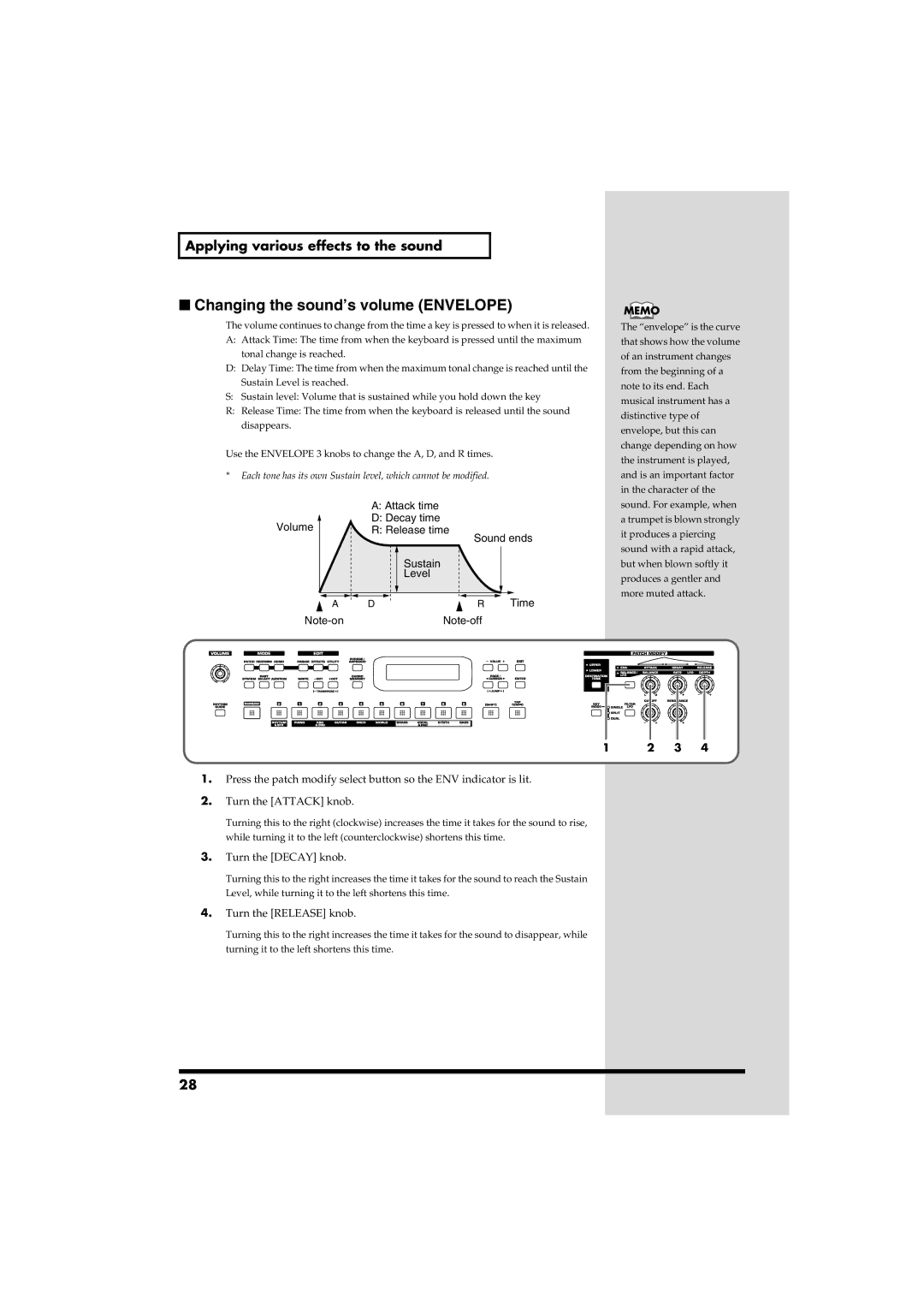 Roland RS-50 owner manual Changing the sound’s volume Envelope, Turn the Decay knob 