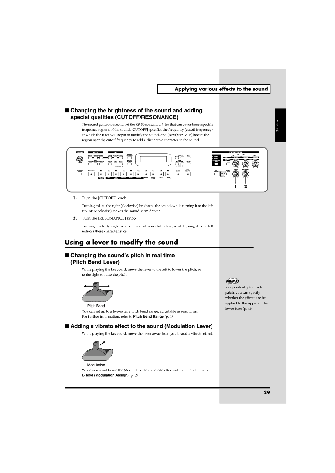 Roland RS-50 owner manual Using a lever to modify the sound, Changing the sound’s pitch in real time Pitch Bend Lever 