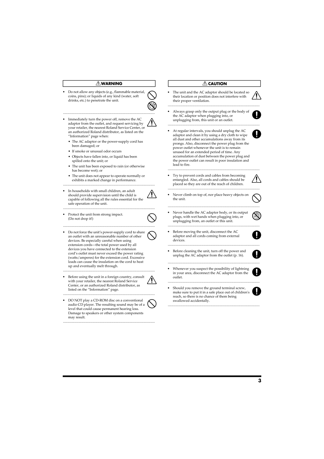 Roland RS-50 owner manual Protect the unit from strong impact. Do not drop it 