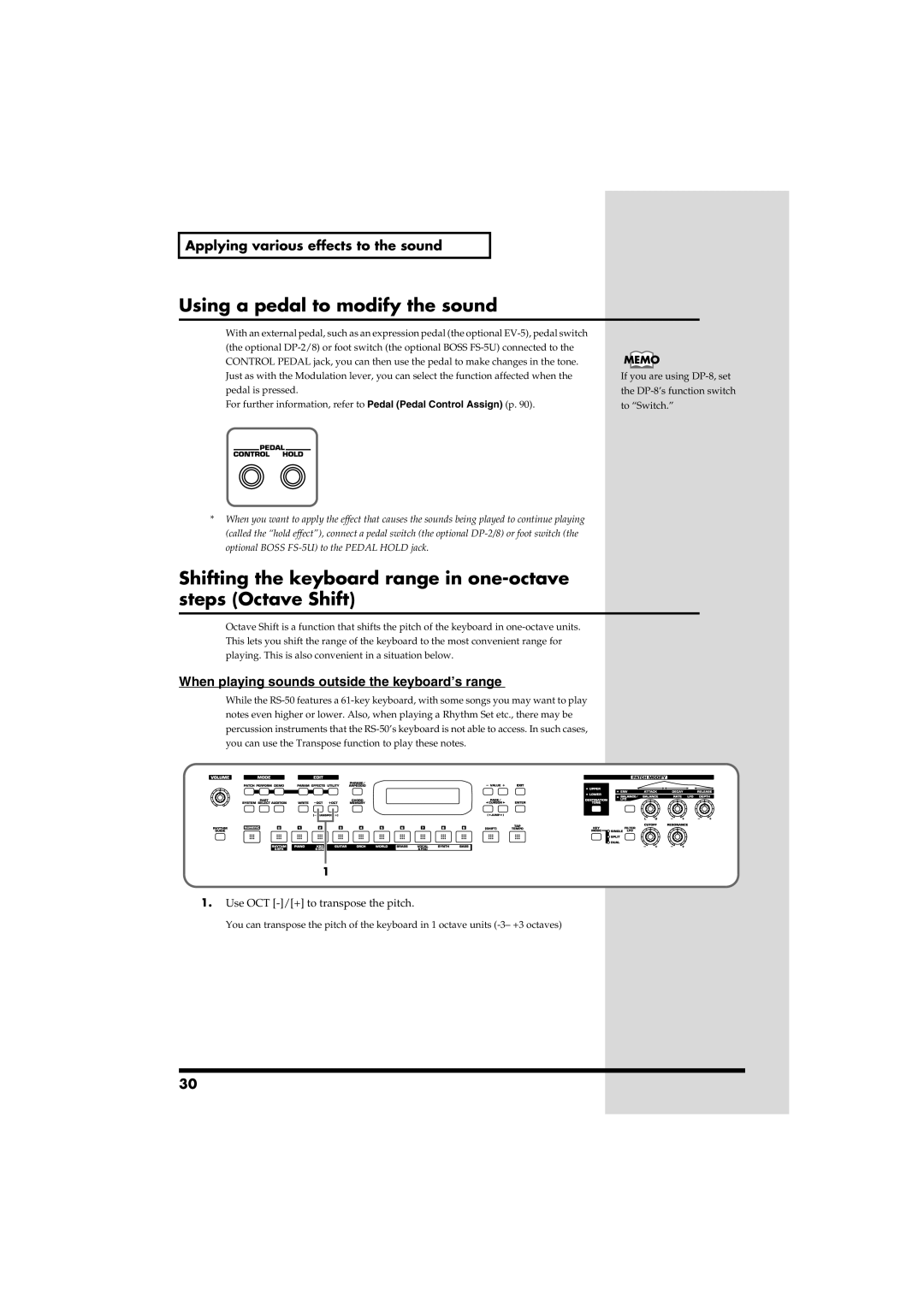 Roland RS-50 owner manual Using a pedal to modify the sound, Shifting the keyboard range in one-octave steps Octave Shift 