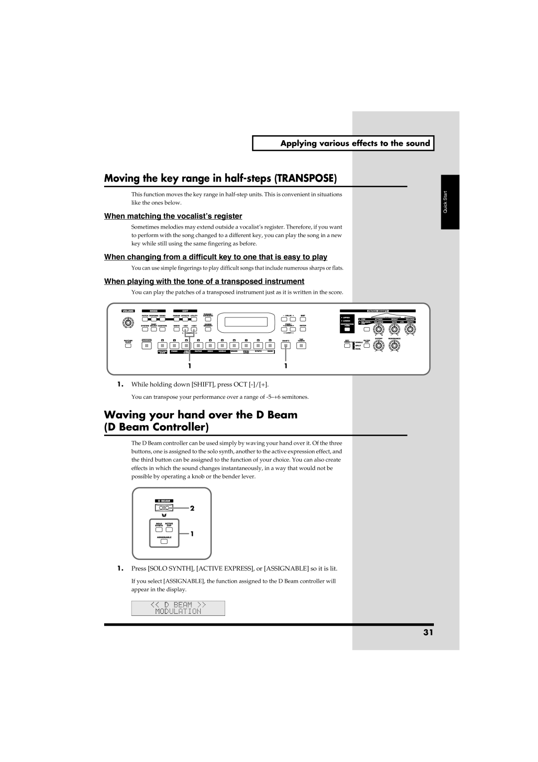 Roland RS-50 owner manual Moving the key range in half-steps Transpose, Waving your hand over the D Beam D Beam Controller 