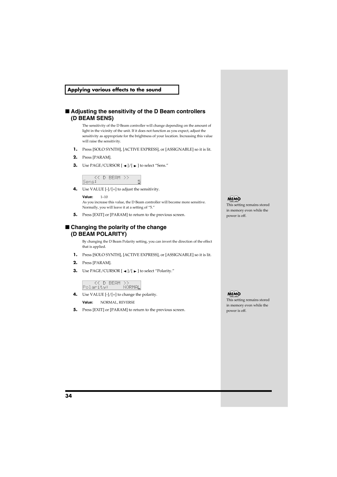 Roland RS-50 owner manual Adjusting the sensitivity of the D Beam controllers, Changing the polarity of the change 