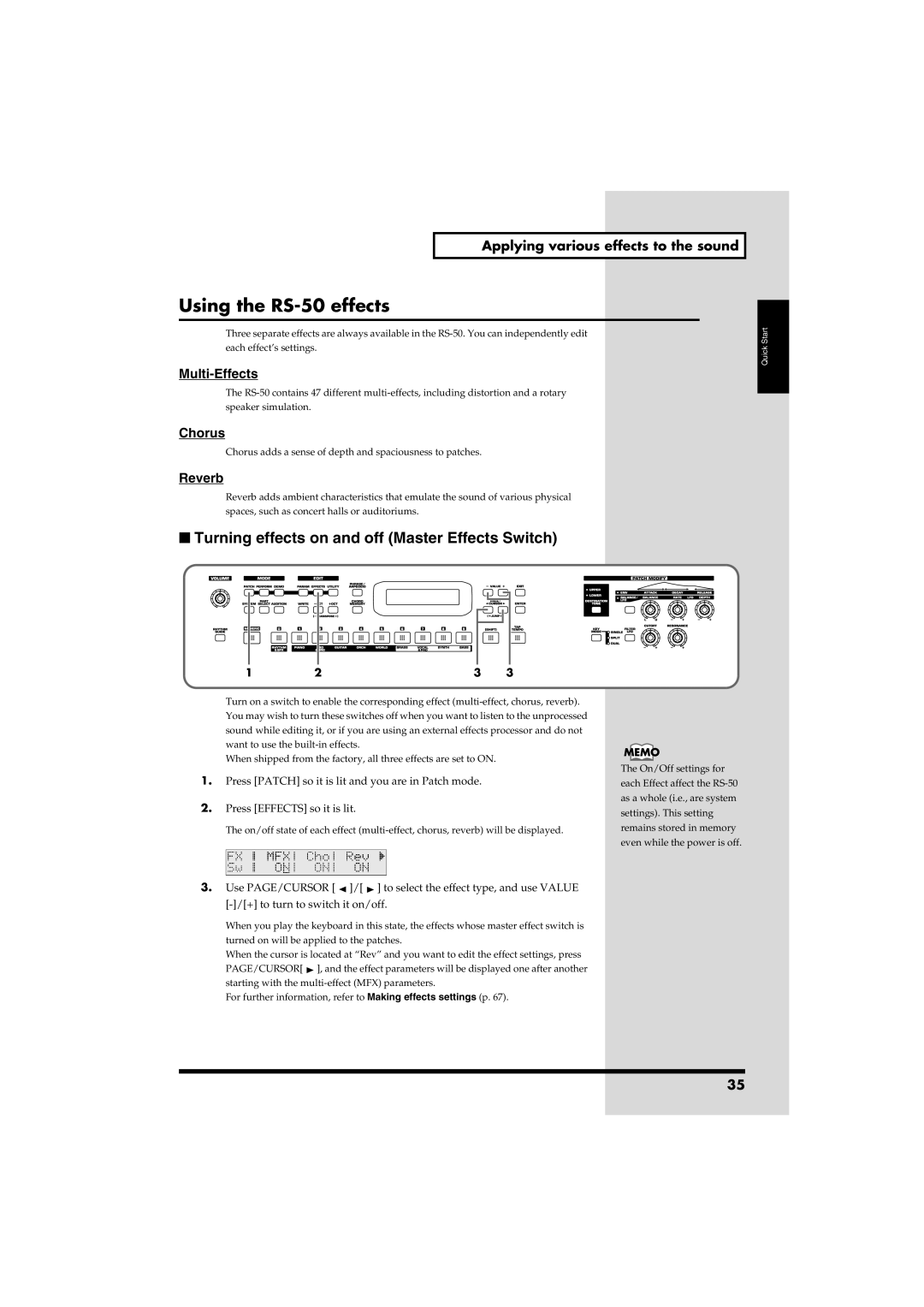 Roland owner manual Using the RS-50 effects, Turning effects on and off Master Effects Switch 