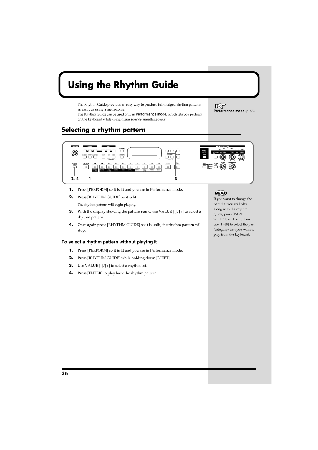 Roland RS-50 owner manual Using the Rhythm Guide, Selecting a rhythm pattern, Performance mode p 