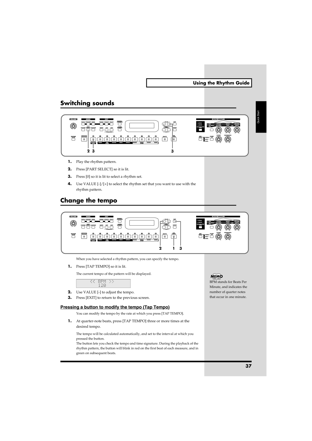 Roland RS-50 owner manual Switching sounds, Change the tempo, Using the Rhythm Guide 