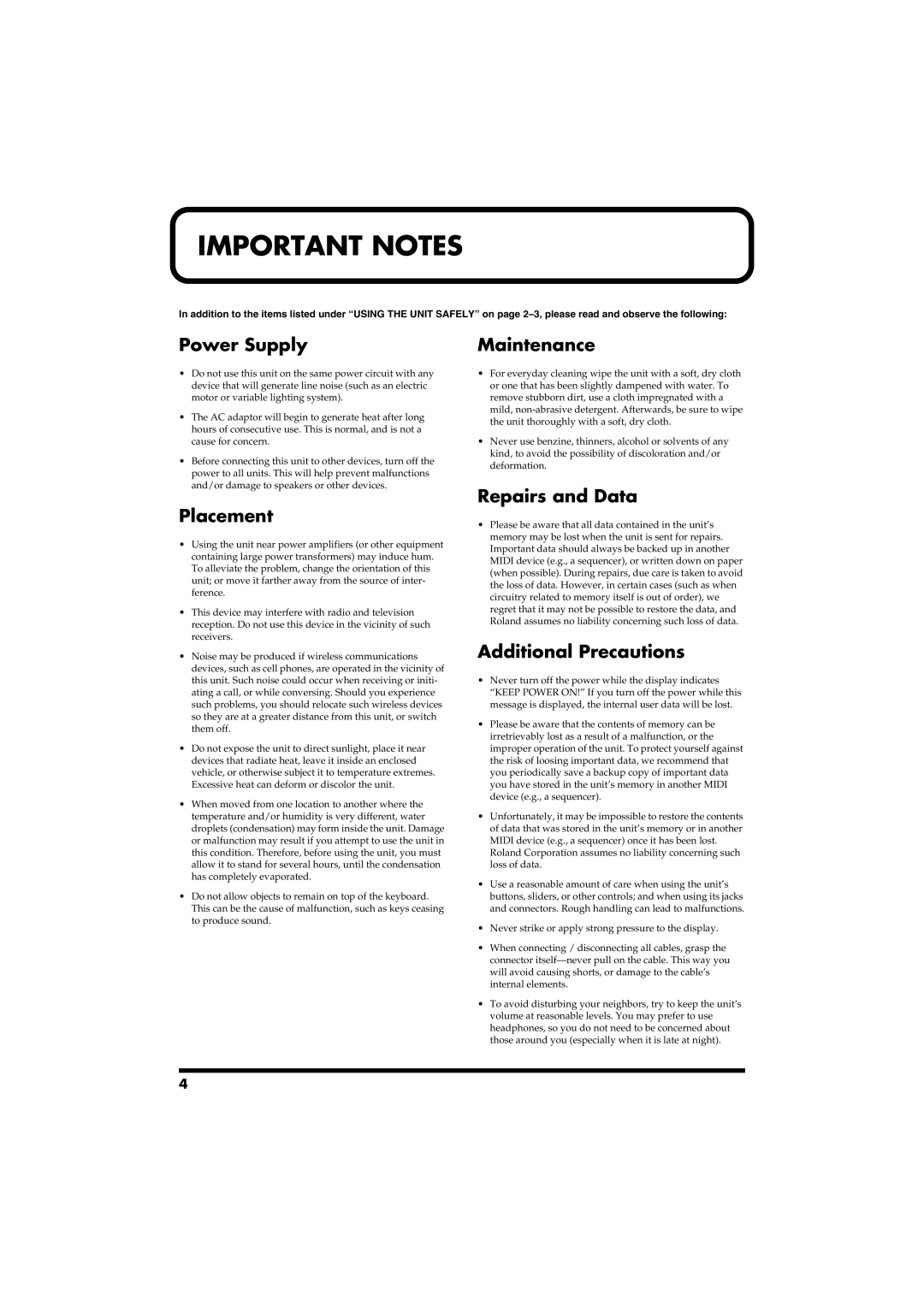 Roland RS-50 owner manual Power Supply, Placement, Maintenance, Repairs and Data, Additional Precautions 