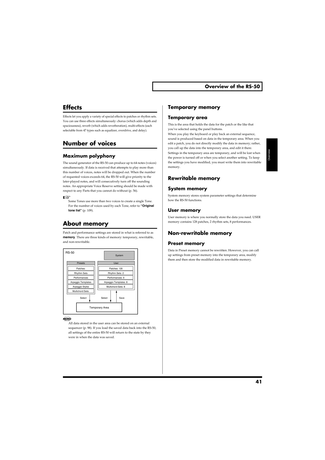 Roland RS-50 owner manual Effects, Number of voices, About memory 