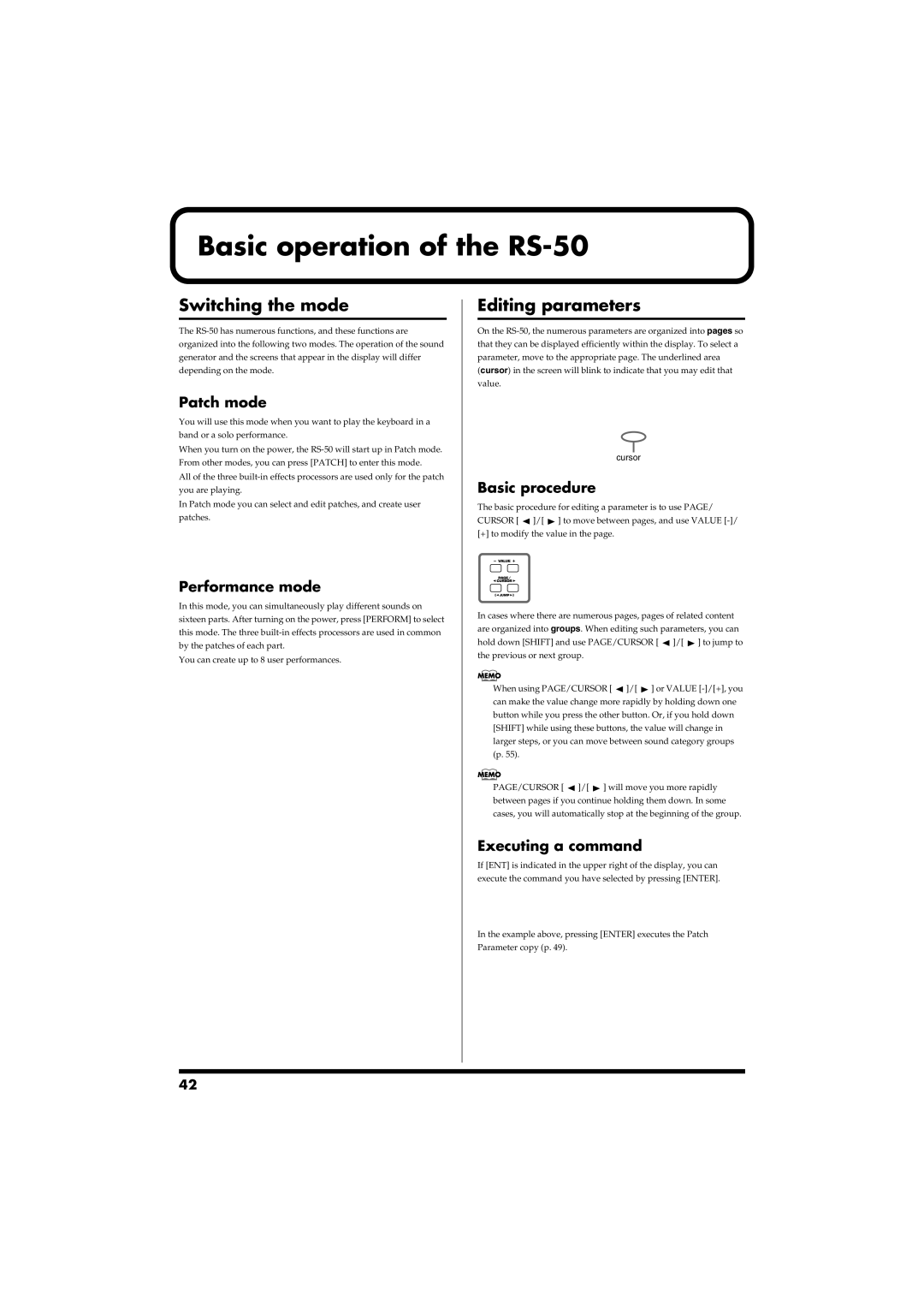 Roland owner manual Basic operation of the RS-50, Switching the mode, Editing parameters 