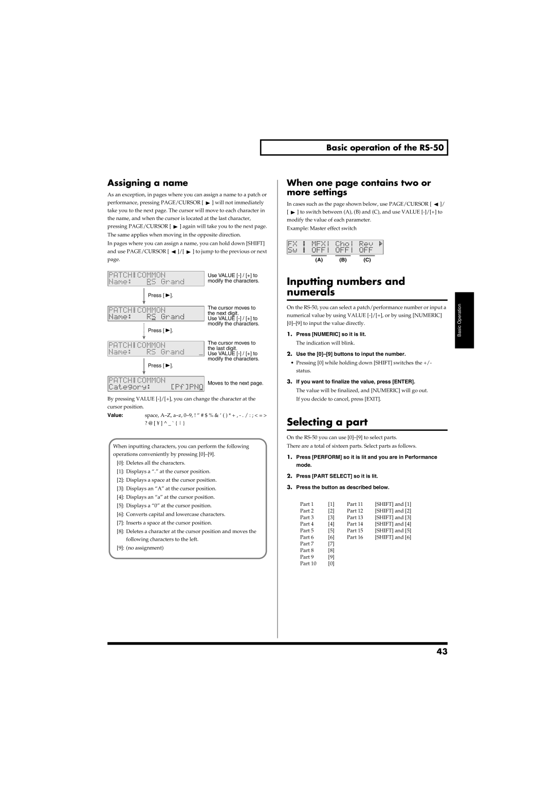 Roland RS-50 Inputting numbers Numerals, Selecting a part, Assigning a name, When one page contains two or more settings 