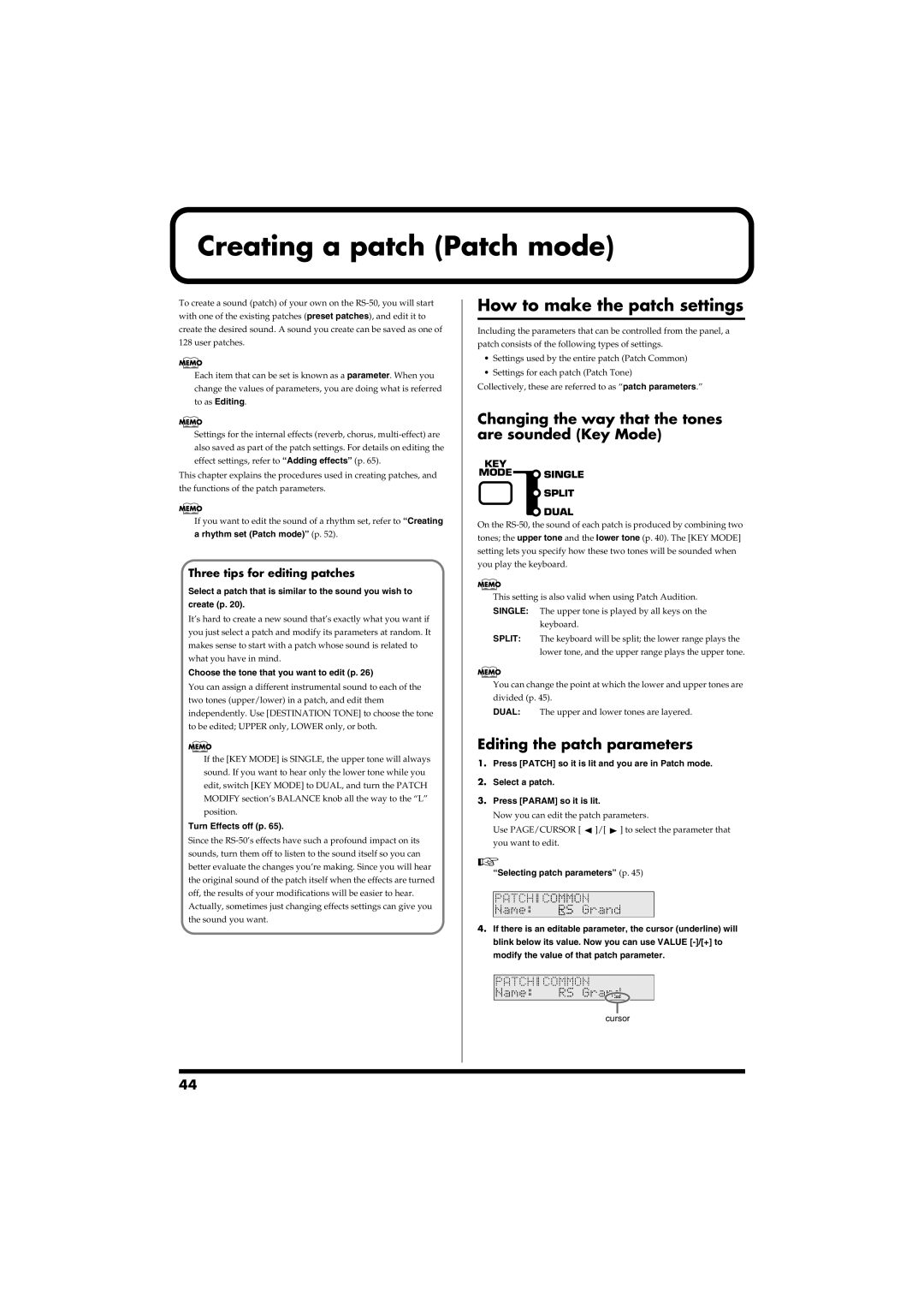 Roland RS-50 owner manual Creating a patch Patch mode, How to make the patch settings, Editing the patch parameters 