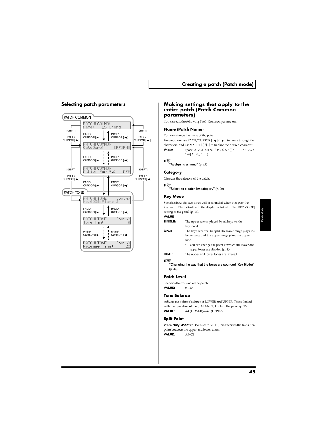 Roland RS-50 owner manual Selecting patch parameters, Creating a patch Patch mode 