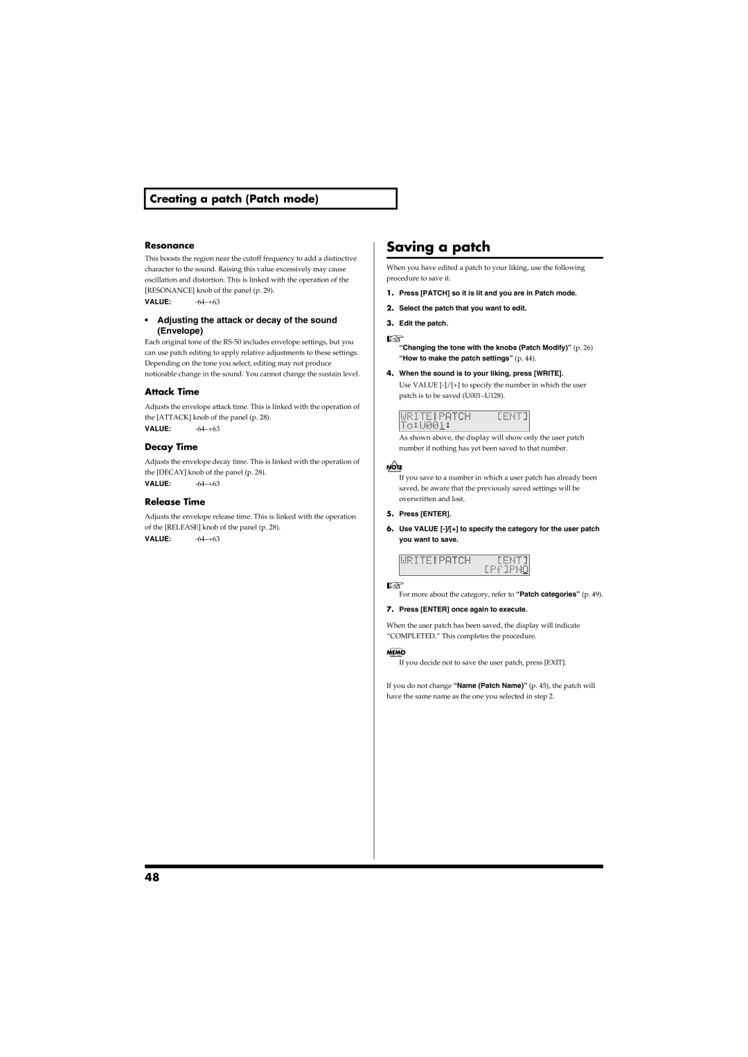 Roland RS-50 owner manual Saving a patch, Resonance, Attack Time, Decay Time, Release Time 