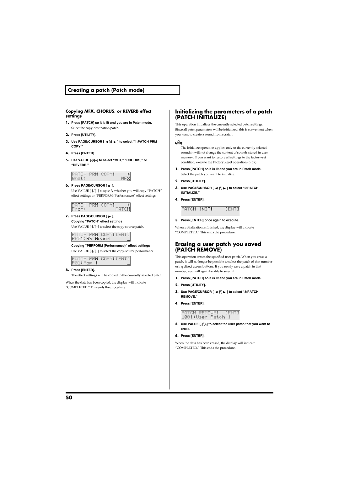 Roland RS-50 Initializing the parameters of a patch, Patch Initialize, Erasing a user patch you saved, Patch Remove 