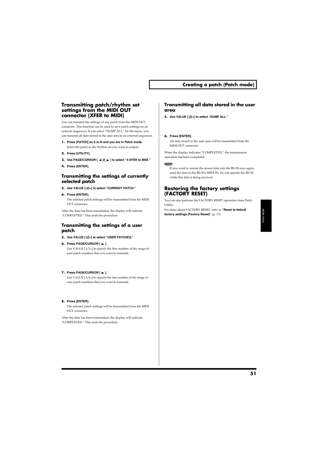 Roland RS-50 Restoring the factory settings, Factory Reset, Transmitting the settings of currently selected patch 