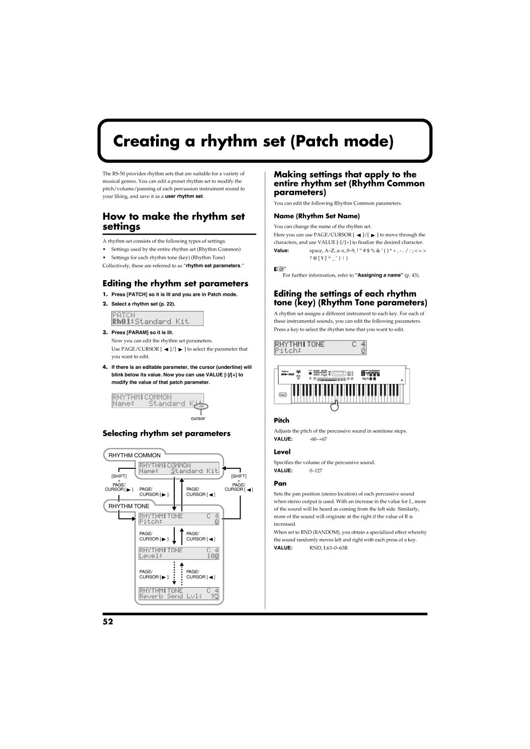 Roland RS-50 Creating a rhythm set Patch mode, How to make the rhythm set settings, Editing the rhythm set parameters 