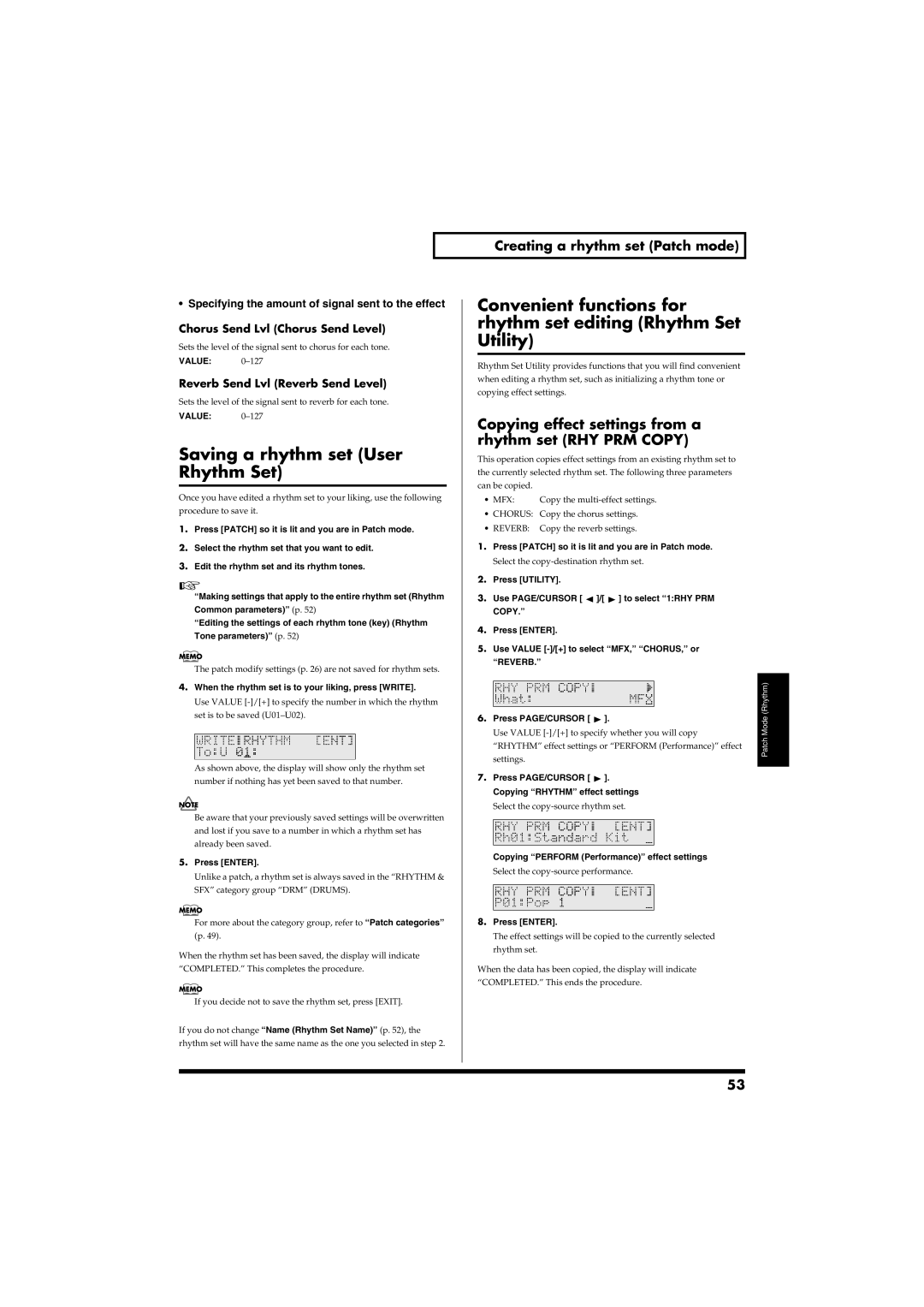 Roland RS-50 owner manual Saving a rhythm set User Rhythm Set, Copying effect settings from a rhythm set RHY PRM Copy 