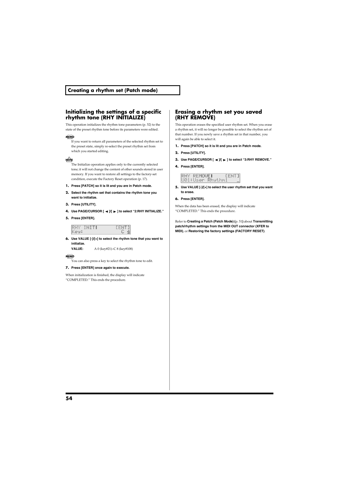 Roland RS-50 owner manual Erasing a rhythm set you saved, RHY Remove 